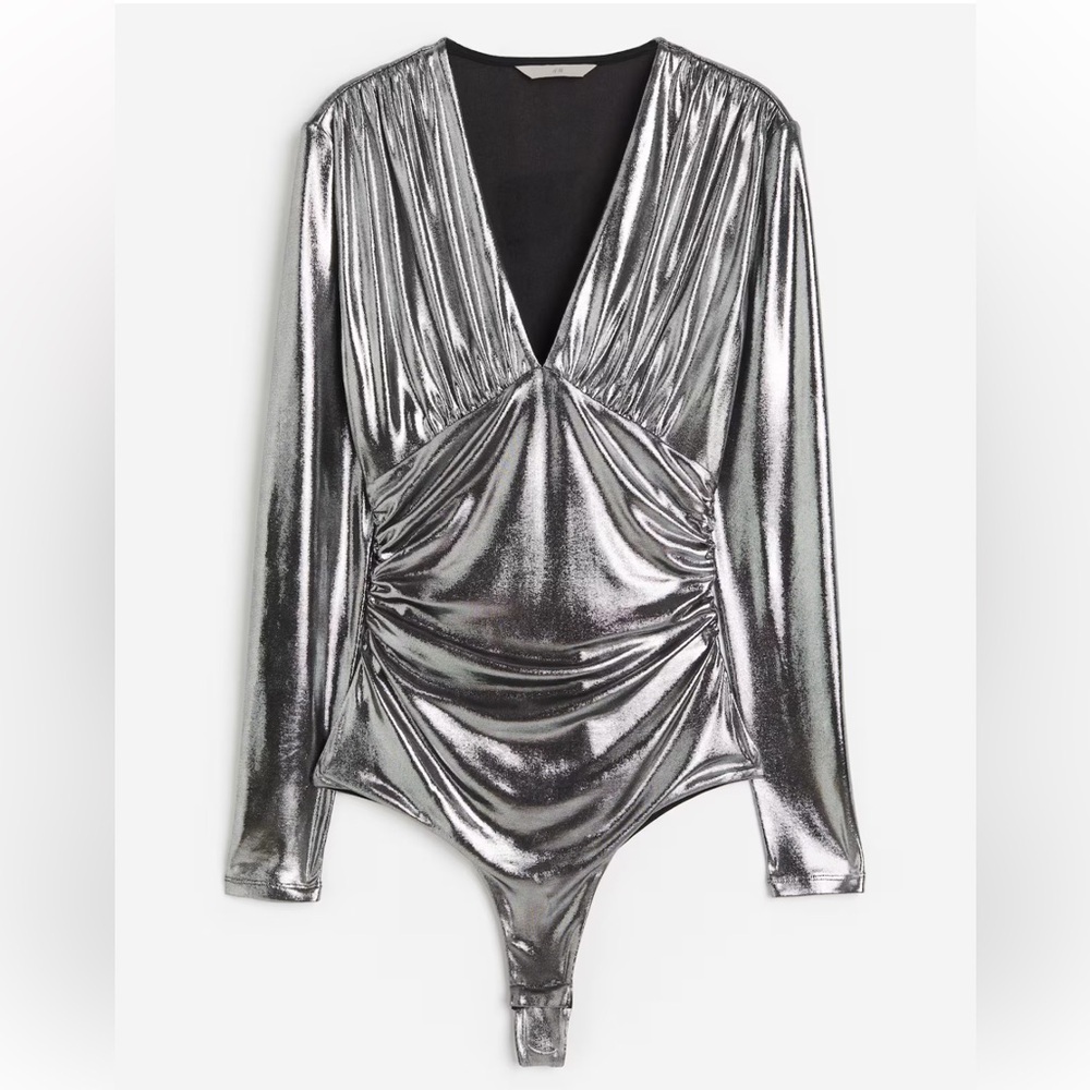 H&M Draped V-Neck Thong Metallic Silver Long Sleeve Bodysuit Large NWT